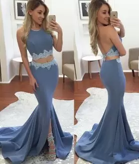 Affordable Blue Backless Scoop Appliques Homecoming Dress Sleeveless Sweep Train