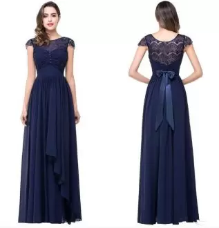 Customized Cap Sleeves Chiffon Floor Length Prom Dresses in Navy Blue with Lace and Appliques