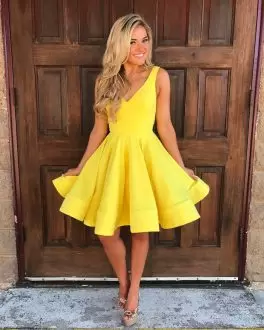 Stunning Knee Length Lace Up Dress for Prom Yellow for Prom and Party with Ruching