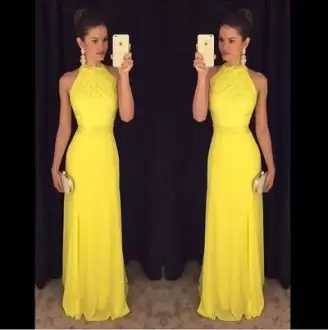 Yellow Chiffon Sweetheart Sleeveless Beading Floor Length Zipper Prom Homecoming Dress