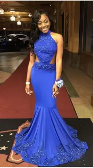 Ideal Floor Length Mermaid Sleeveless Blue Prom Dresses Brush Train Backless