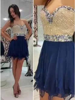 Suitable Mini Length Empire Sleeveless Navy Blue Prom Dress Lace Up