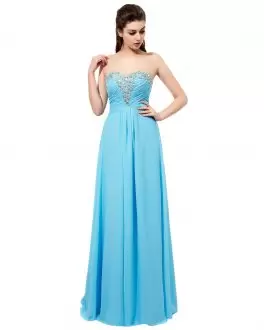 New Arrival Blue Empire Sweetheart Sleeveless Satin and Organza and Chiffon Floor Length Sweep Train Lace Up Beading and Lace Homecoming Dress