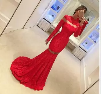 Latest Lace High-neck Long Sleeves Sweep Train Lace Up Lace Homecoming Gowns in Red