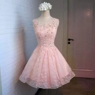 Scoop Sleeveless Homecoming Gowns Mini Length Beading Pink Lace