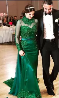 Eye-catching Green Evening Dress Prom and Party with Appliques High-neck Long Sleeves Sweep Train Lace Up