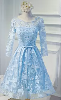 Exquisite A-line Homecoming Gowns Blue Scoop Organza Long Sleeves Knee Length Lace Up
