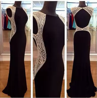 Hot Sale Beading Dress for Prom Black Backless Cap Sleeves Floor Length