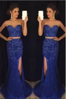 Royal Blue Prom Dresses Strapless Sleeveless Sweep Train Lace Up