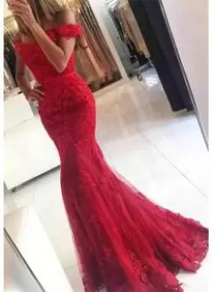 Flare Off The Shoulder Sleeveless Zipper Homecoming Dress Online Red Tulle Lace and Appliques