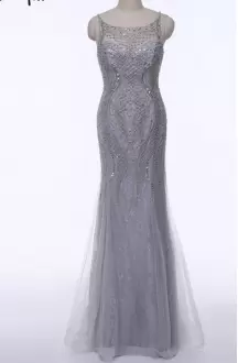 Fitting Floor Length Zipper Homecoming Dress Online Grey for Prom and Party with Beading
