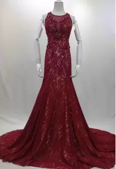 Fine Burgundy Homecoming Gowns Prom with Beading Scoop Sleeveless Brush Train