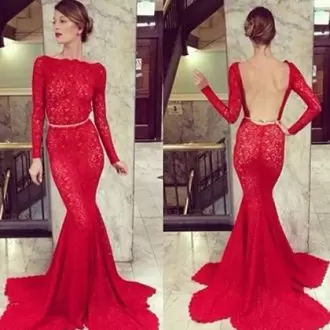 Red Backless Scoop Sleeveless Prom Dress Sweep Train Lace and Belt