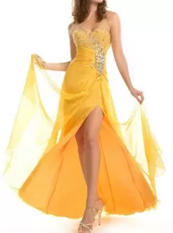 Yellow Zipper Front Slit Sexy Long Evening Gown with Rhinestone