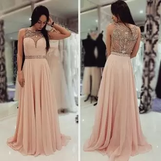 Chic Pink Side Zipper Prom Dress Beading Sleeveless Sweep Train