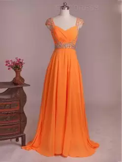 New Arrival Orange Sleeveless Floor Length Beading and Ruching Zipper Homecoming Party Dress Straps