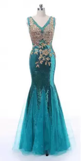 On Sale Mermaid Prom Gown Teal V-neck Tulle and Sequined Sleeveless Floor Length Zipper