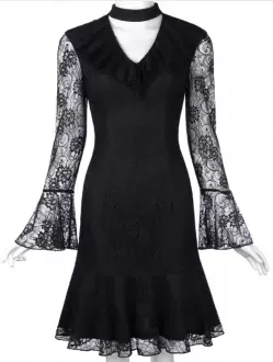 Dramatic Black Side Zipper Prom Dress Lace Long Sleeves Mini Length