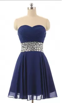 Modest Chiffon Sweetheart Sleeveless Lace Up Beading Dress for Prom in Navy Blue