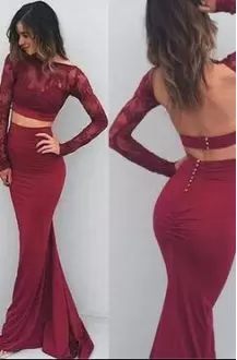 Custom Made Long Sleeves Floor Length Beading and Lace Backless Homecoming Dress with Red and Burgundy