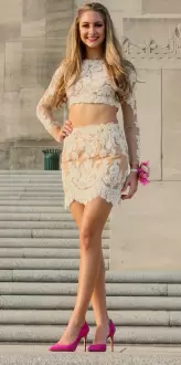 Long Sleeves Two Piece Lace Scoop Mini Length Short Homecoming Dress