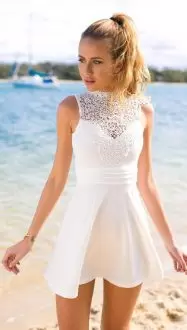 High-neck Sleeveless Prom Dresses Mini Length Lace White Satin