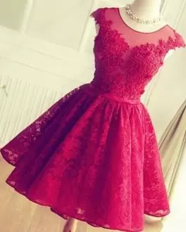 Romantic Wine Red Lace Backless Prom Dress Sleeveless Mini Length Lace