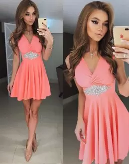 Exceptional Chiffon V-neck Sleeveless Beading Evening Dress in Pink