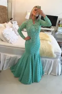 High-neck Long Sleeves Satin Prom Party Dress Beading and Pattern Zipper