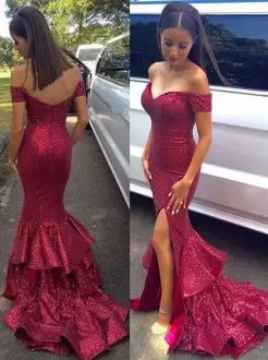 Sparkly Off The Shoulder Cap Sleeves Mermaid Prom Gown Red Sequins Slit