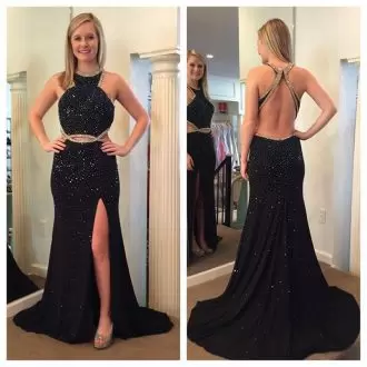 Black Homecoming Dress Prom with Beading Halter Top Sleeveless Backless