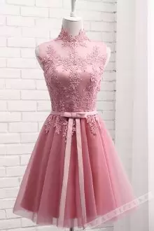 Pink A-line Lace and Sashes ribbons Prom Dresses Lace Up Tulle Sleeveless Mini Length