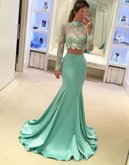 Apple Green Two Pieces Satin High-neck Long Sleeves Lace Floor Length Prom Dresses