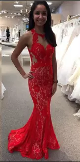 Hot Selling Red Scoop Lace Up Lace and Appliques Evening Dress Sweep Train Sleeveless