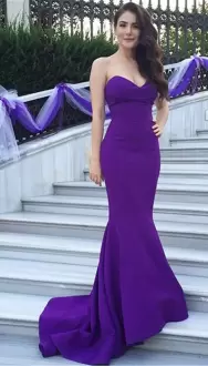 Ideal Purple Satin Lace Up Sweetheart Sleeveless Dress for Prom Sweep Train Ruching