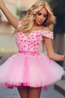 A-line Prom Gown Pink Off The Shoulder Tulle Sleeveless Mini Length Lace Up