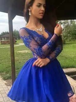 Royal Blue Long Sleeves Lace and Appliques Knee Length Prom Dresses