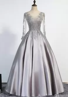 Scoop Long Sleeves Lace Up Prom Dresses Grey Beading and Appliques
