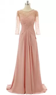 Long Sleeves Floor Length Beading and Lace and Ruching Lace Up Evening Dress with Pink