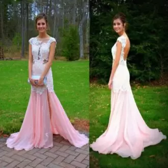 With Train Pink Prom Dresses Chiffon Cap Sleeves Appliques