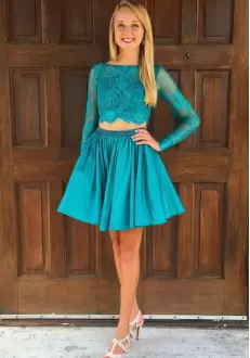 Glamorous Teal Homecoming Dress Prom with Beading and Lace Bateau Long Sleeves
