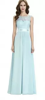 Light Blue Evening Wear Prom and Party and Military Ball with Appliques Scoop Sleeveless Zipper