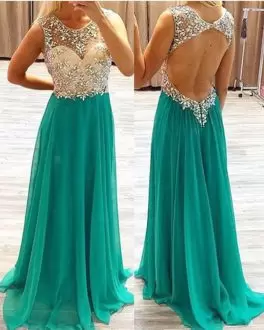 Custom Design Turquoise Scoop Backless Beading Dress for Prom Sweep Train Sleeveless