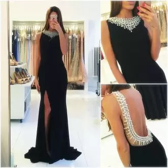 New Style Black Scoop Backless Beading and Ruching Prom Dresses Sweep Train Sleeveless