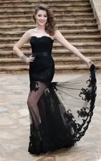 Free and Easy Black Prom Gown Prom and Party with Beading and Lace Sweetheart Sleeveless Sweep Train Backless