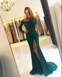 Popular Sweep Train Mermaid Evening Dress Turquoise Off The Shoulder Lace Long Sleeves Lace Up