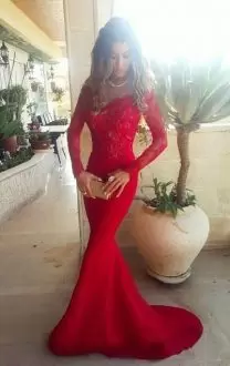 Red Long Sleeves With Train Lace Lace Up Homecoming Dress Strapless