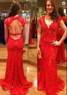 Modern V-neck Cap Sleeves Brush Train Backless Prom Party Dress Red Beading and Lace