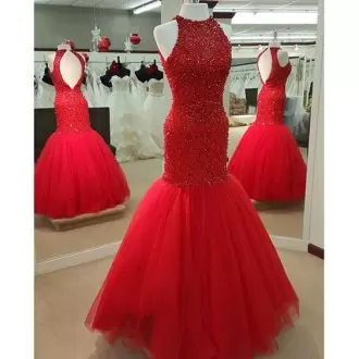 Red Sleeveless Floor Length Beading and Lace Backless Prom Dresses Halter Top