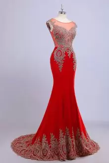 Red Mermaid Appliques Prom Party Dress Backless Sleeveless Floor Length